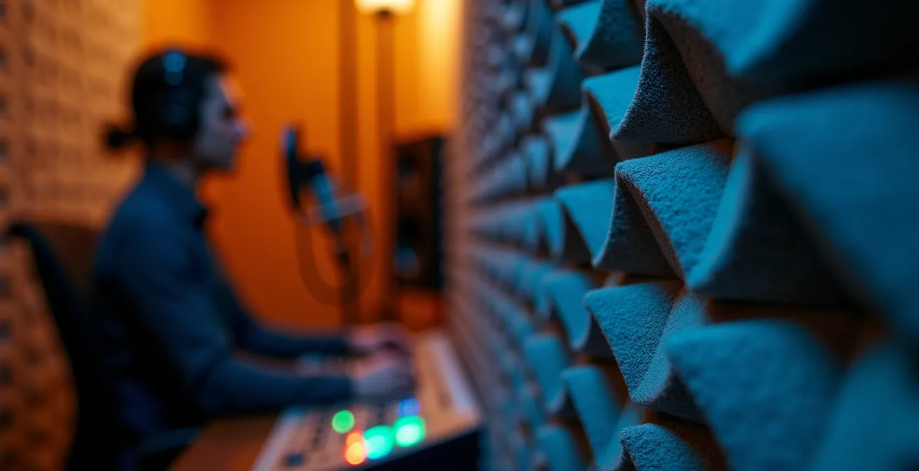 Estudio de doblaje profesional con actores trabajando en cabinas insonorizadas