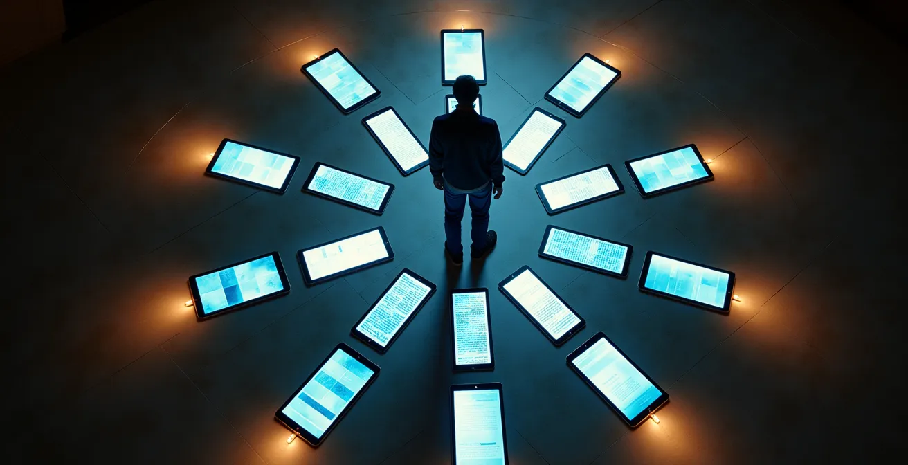 Representación visual de un usuario navegando entre múltiples opciones de contenido como un laberinto digital