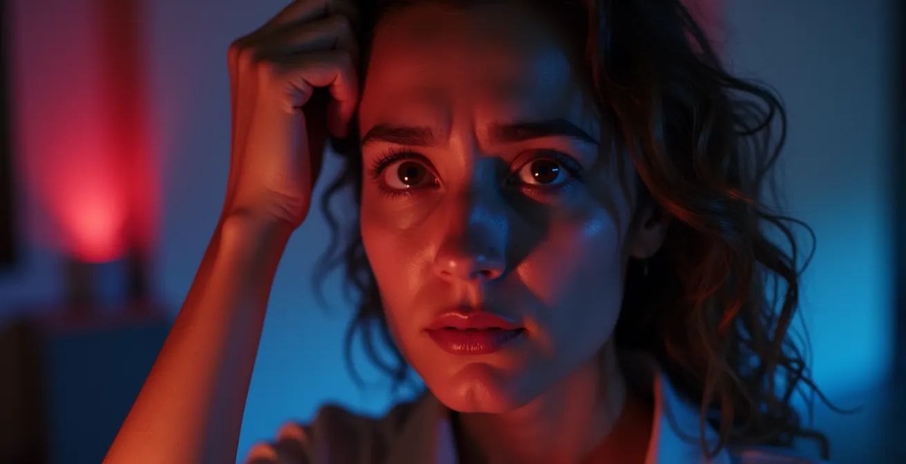 Persona navegando entre opciones de contenido con reflejos de luz que denotan frustración.