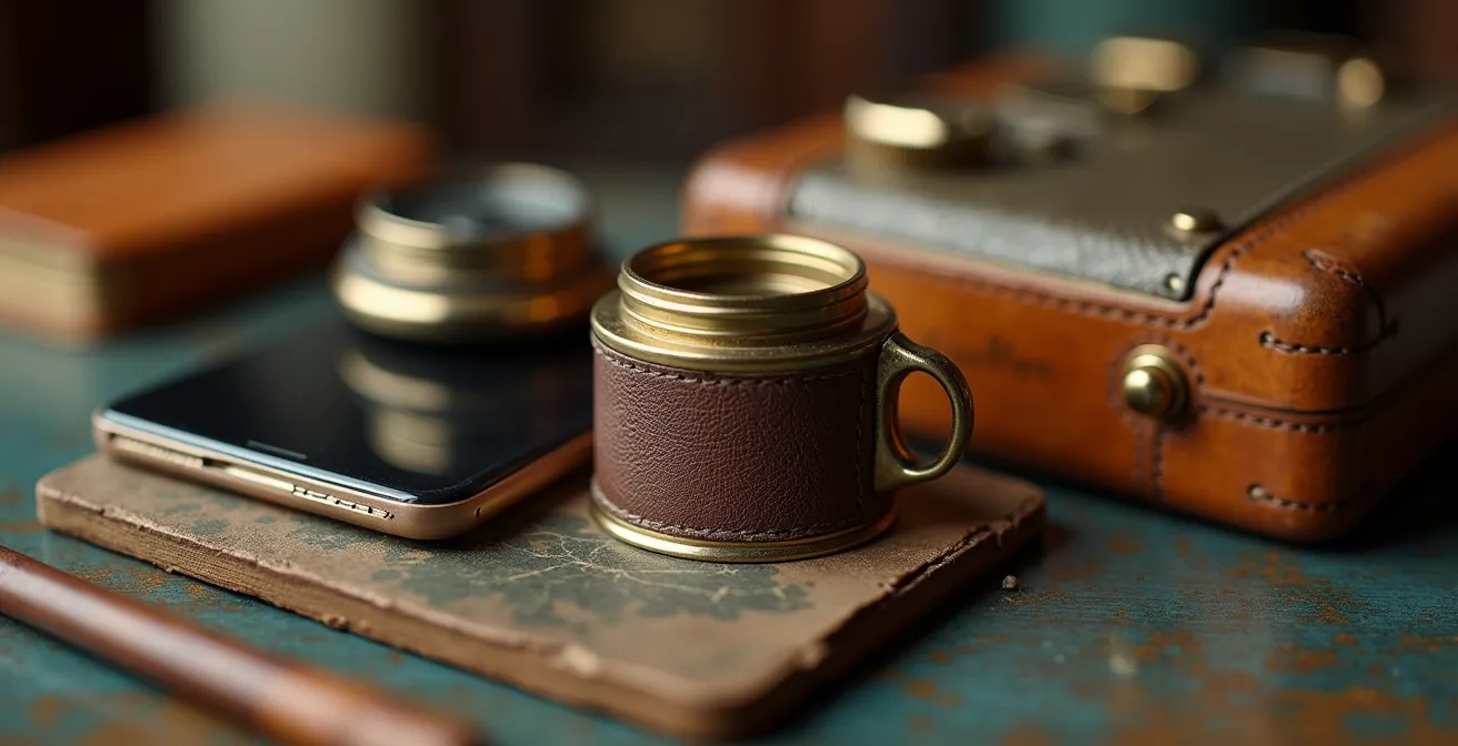 Detalle macro de elementos de época junto a un reflejo sutil de tecnología moderna