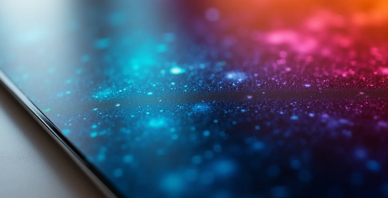 Detalle macro de pantalla mostrando degradación de imagen por compresión excesiva