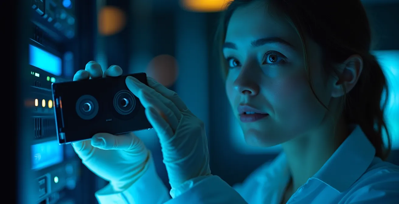 Sala de almacenamiento seguro en un centro de datos con librerías de cintas LTO, representando una copia de seguridad off-site.