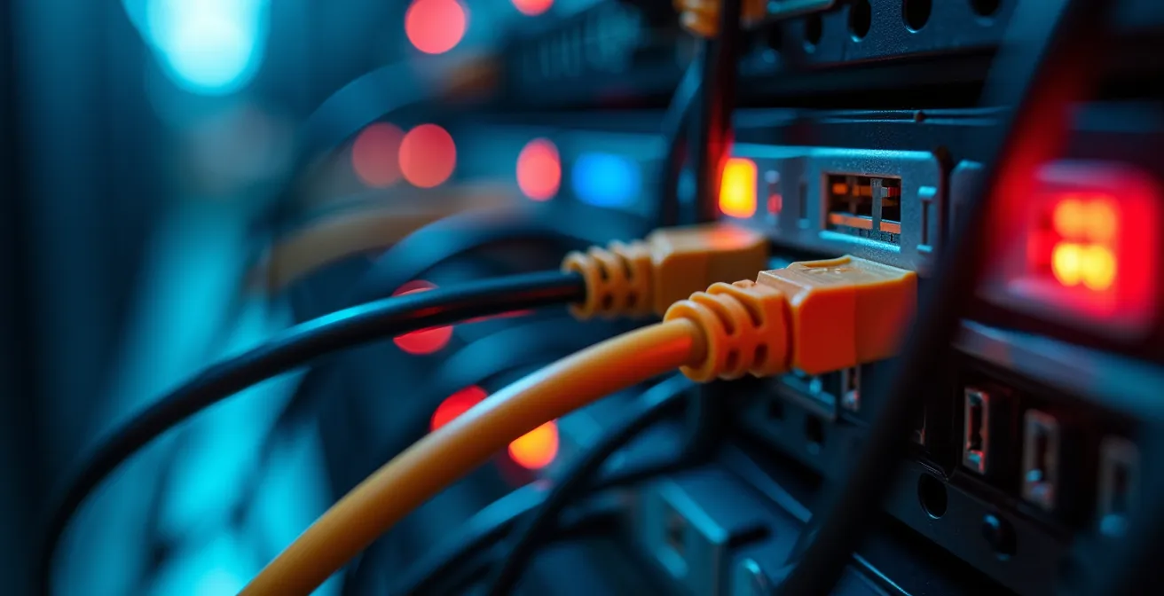 Detalle macro de cables de red ethernet entrelazados con luces LED rojas y verdes parpadeando