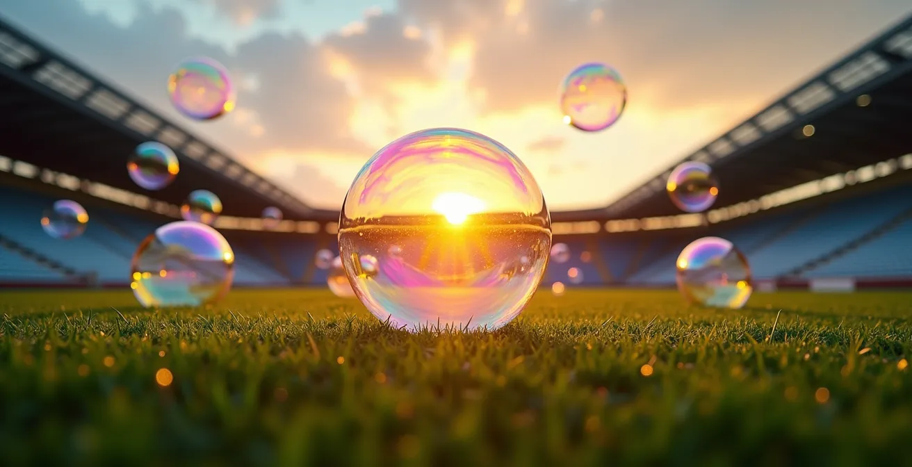 Composición simbólica de burbujas de jabón flotando sobre un campo de fútbol vacío al atardecer