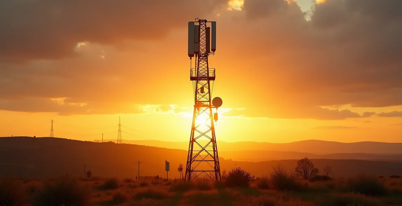 Torre de transmisión TDT silenciosa al atardecer en paisaje rural español