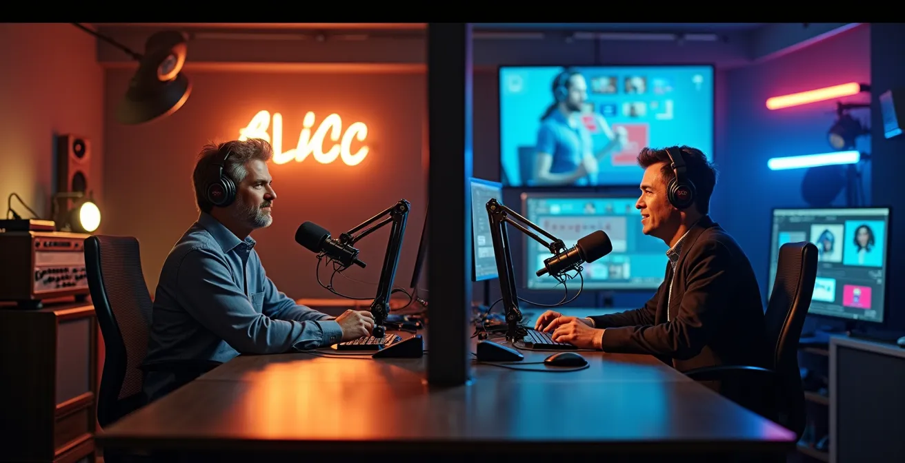 Vista comparativa de dos estudios de radio: uno clásico y otro modernizado para streaming visual