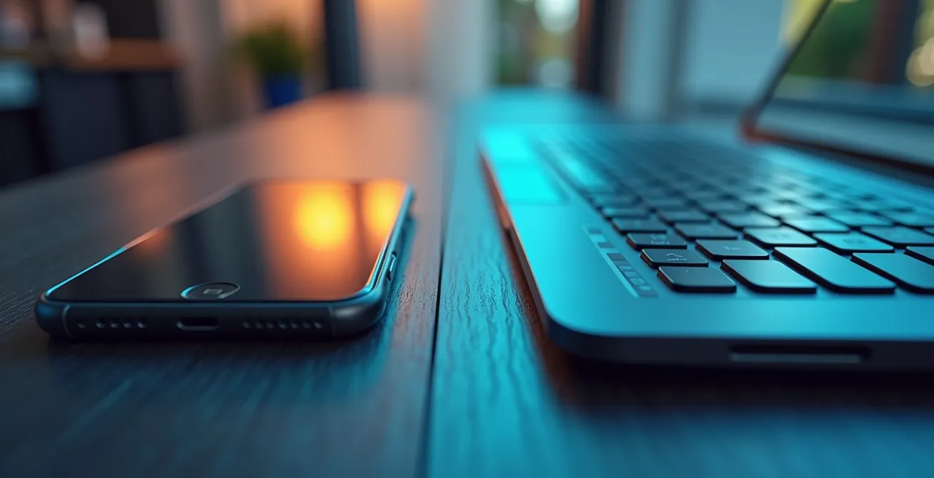 Imagen macro abstracta que compara la textura de una pantalla de smartphone y un teclado de portátil, simbolizando la diferencia de datos entre app y web.