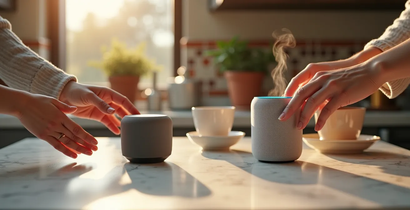 Altavoces Echo y Google Home en salón español típico con luz mediterránea