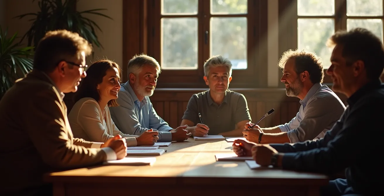 Reunión comunitaria en un salón de actos municipal español, discutiendo con seriedad