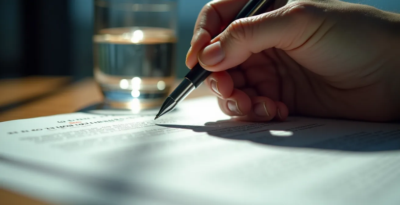 Manos firmando contrato con sombras dramáticas en mesa de producción