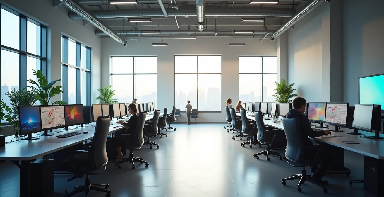 Vista panorámica minimalista de un ecosistema digital integrado de televisión pública