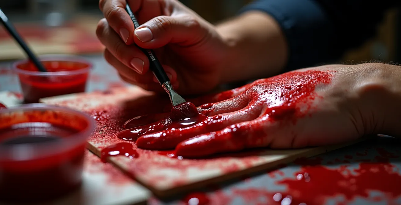 Artista de efectos especiales aplicando maquillaje de sangre con técnicas prácticas en set de rodaje