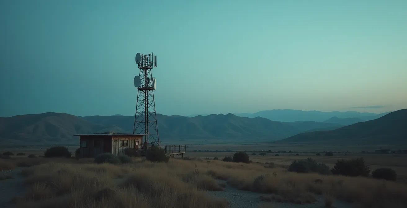 Instalación de transmisión de radio en zona rural española con paisaje vacío