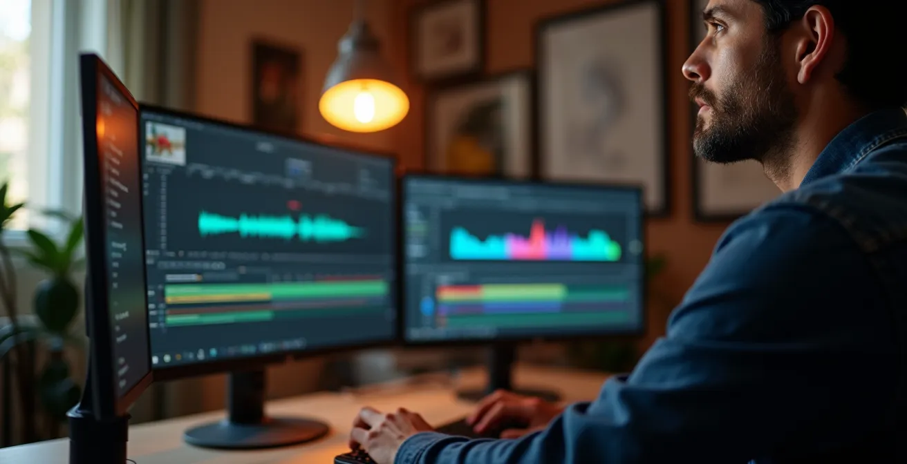 Editor trabajando con múltiples pantallas creando contenido para redes sociales