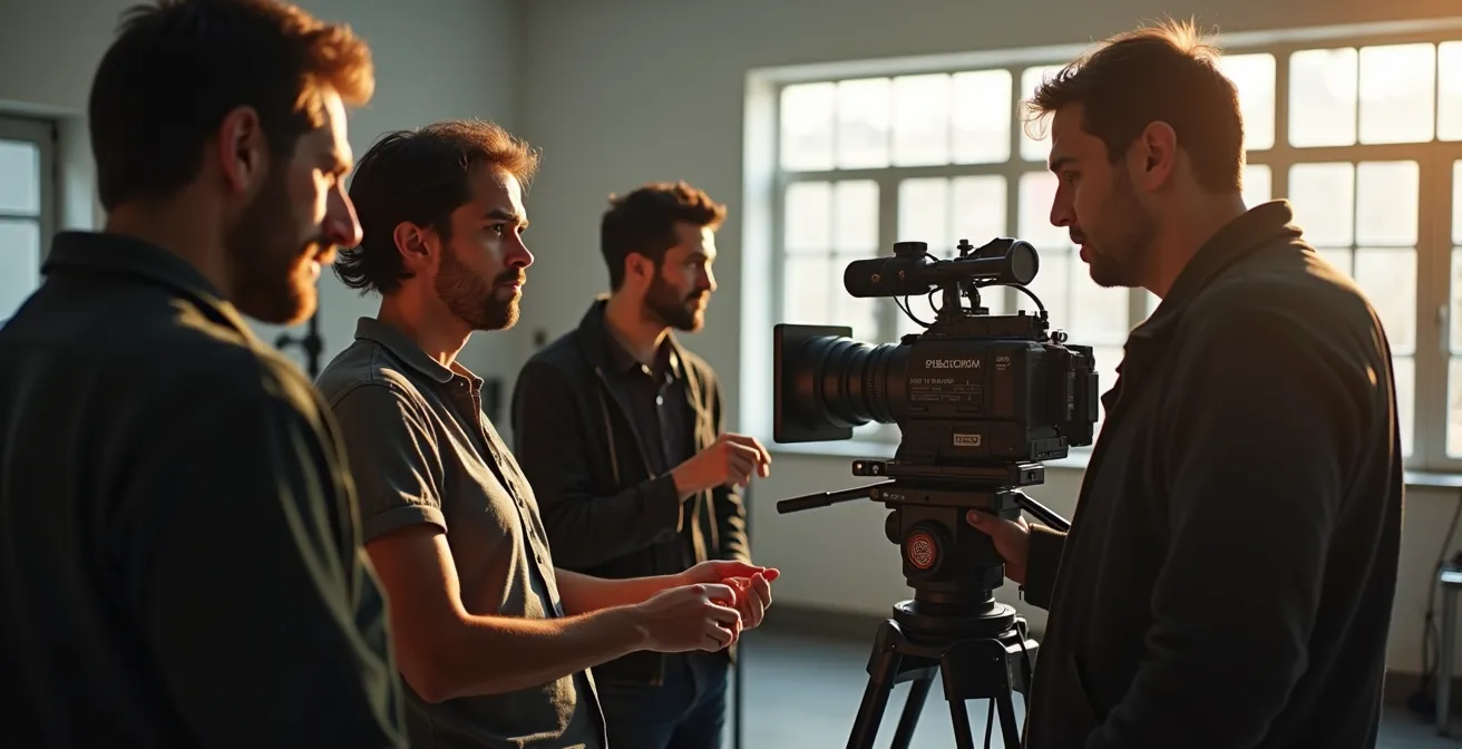 Equipo técnico audiovisual trabajando coordinadamente en un set de rodaje español