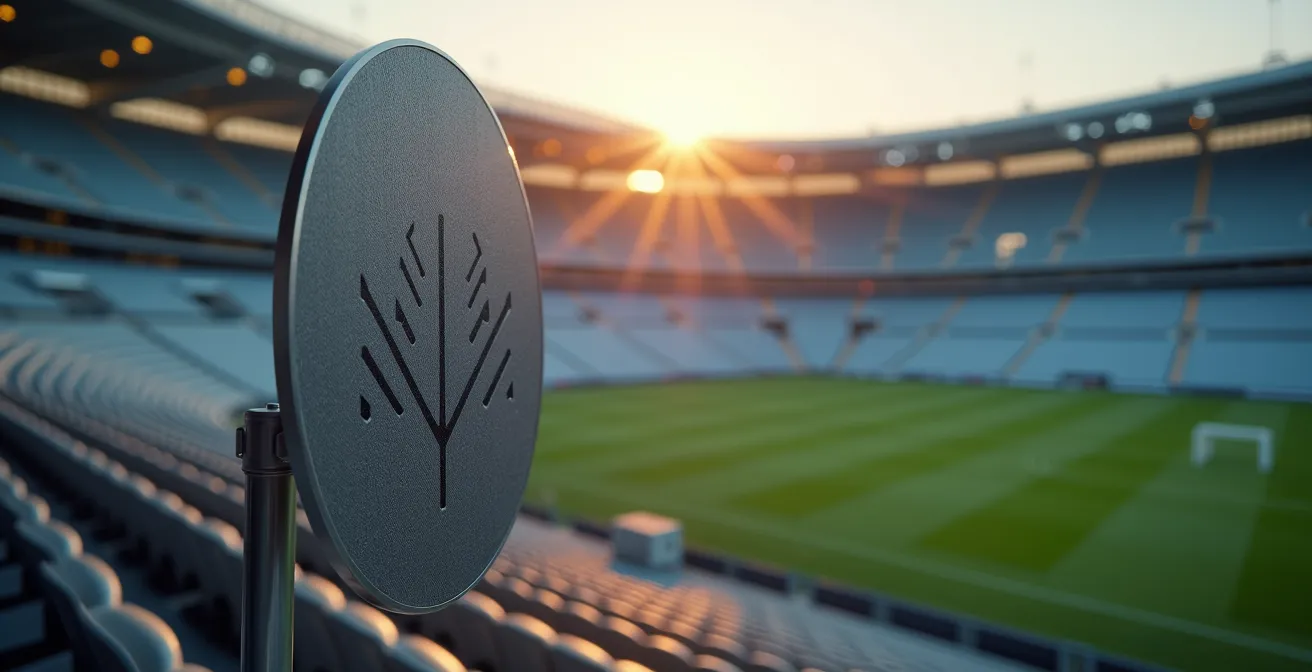 Vista macro de antenas 5G integradas en la estructura de un estadio de fútbol moderno con detalles arquitectónicos
