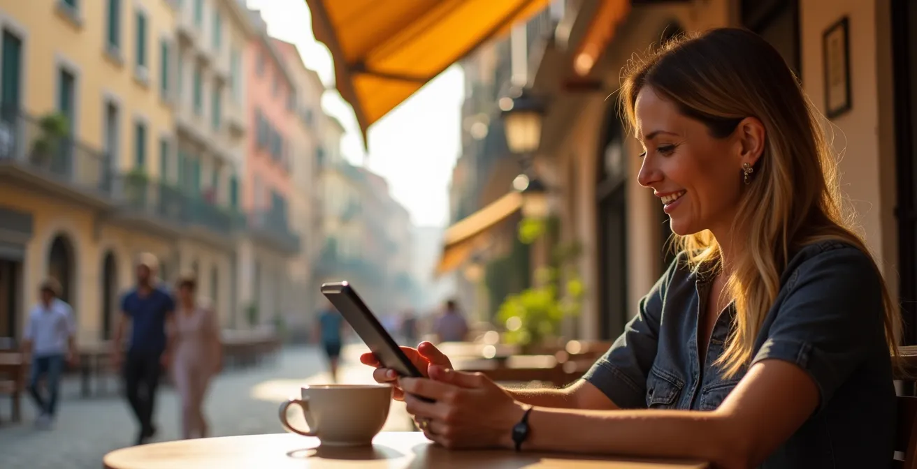 Una mujer en una terraza de un café en Barcelona, absorta en la lectura de noticias en una tableta, mostrando un claro compromiso con el contenido.