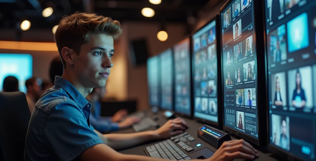 Estudiante en prácticas trabajando en un plató de televisión con equipo profesional