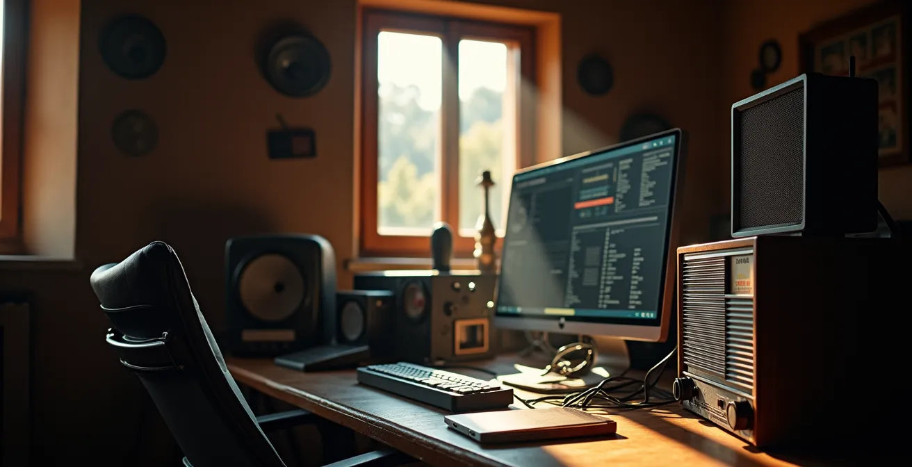 Estudio de grabación de podcast en entorno rural español con equipamiento moderno