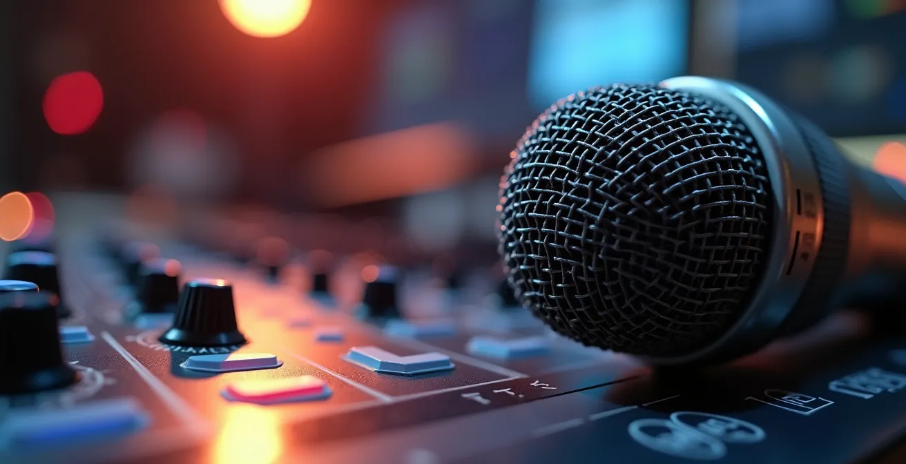 Estudio íntimo de grabación con elementos de podcast y televisión fusionados en una composición moderna