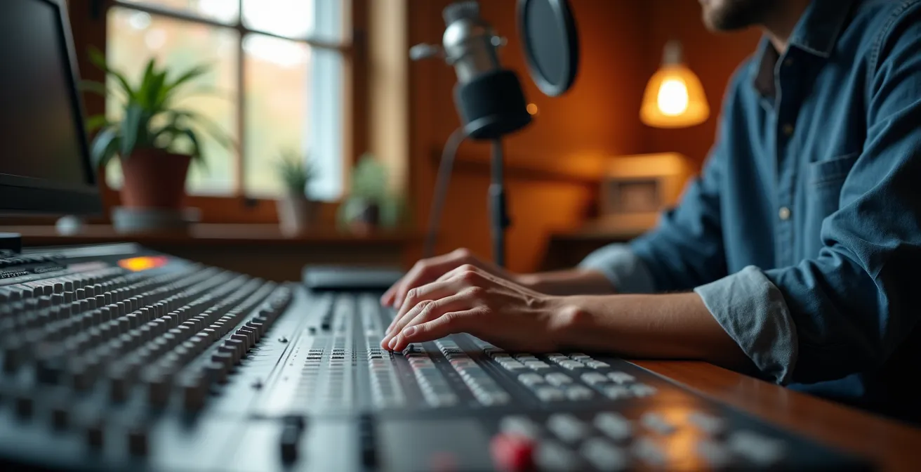 Interior de estudio de radio comunitaria con mesa de mezclas y micrófonos profesionales