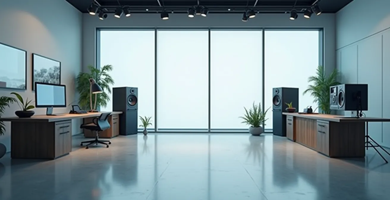 Estudio de radio moderno con configuración para transmisión visual y streaming