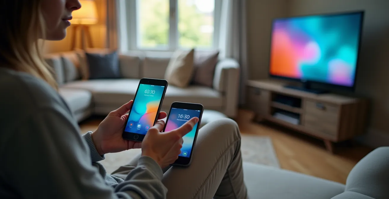 Contraste visual entre una sala de televisión tradicional vacía y múltiples dispositivos digitales con contenido streaming