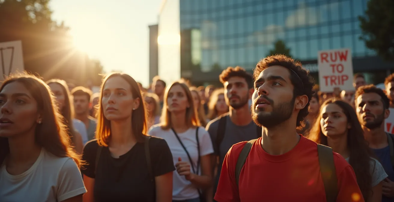 Grupo de fans sosteniendo carteles borrosos en manifestación pacífica frente a edificio de producción