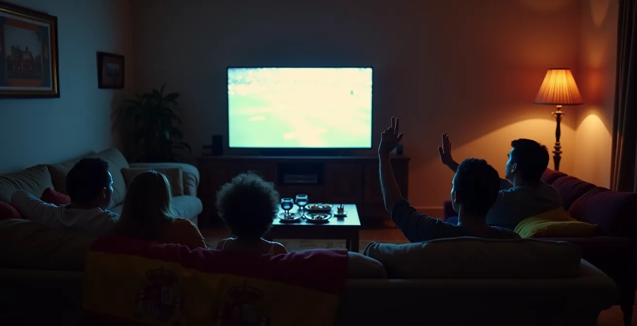 Familia española viendo fútbol en streaming como experiencia social compartida
