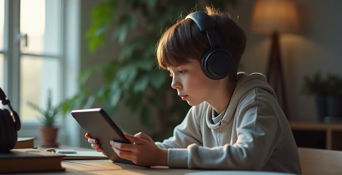 Joven consumiendo contenido cultural en múltiples dispositivos simultáneamente