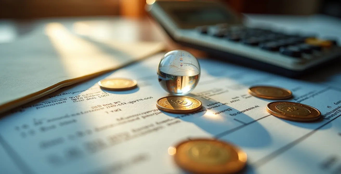 Vista macro de documentos financieros y calculadora sobre una mesa de trabajo, simbolizando la compleja gestión de tesorería.