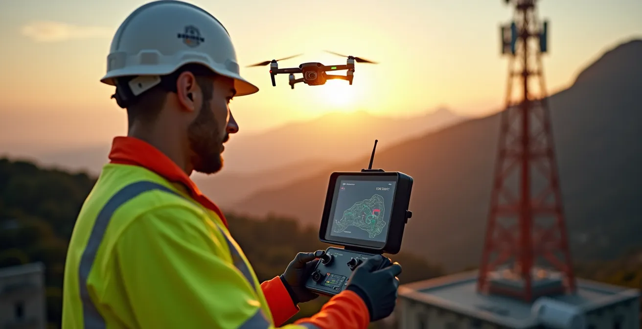 Drone profesional inspeccionando torre de telecomunicaciones con cámara térmica en España