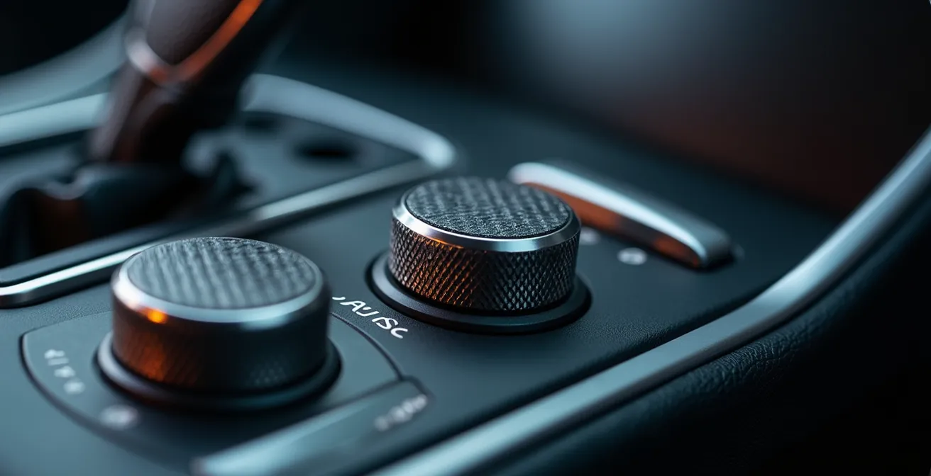 Interior de vehículo moderno mostrando sistema de radio sin pantalla visible