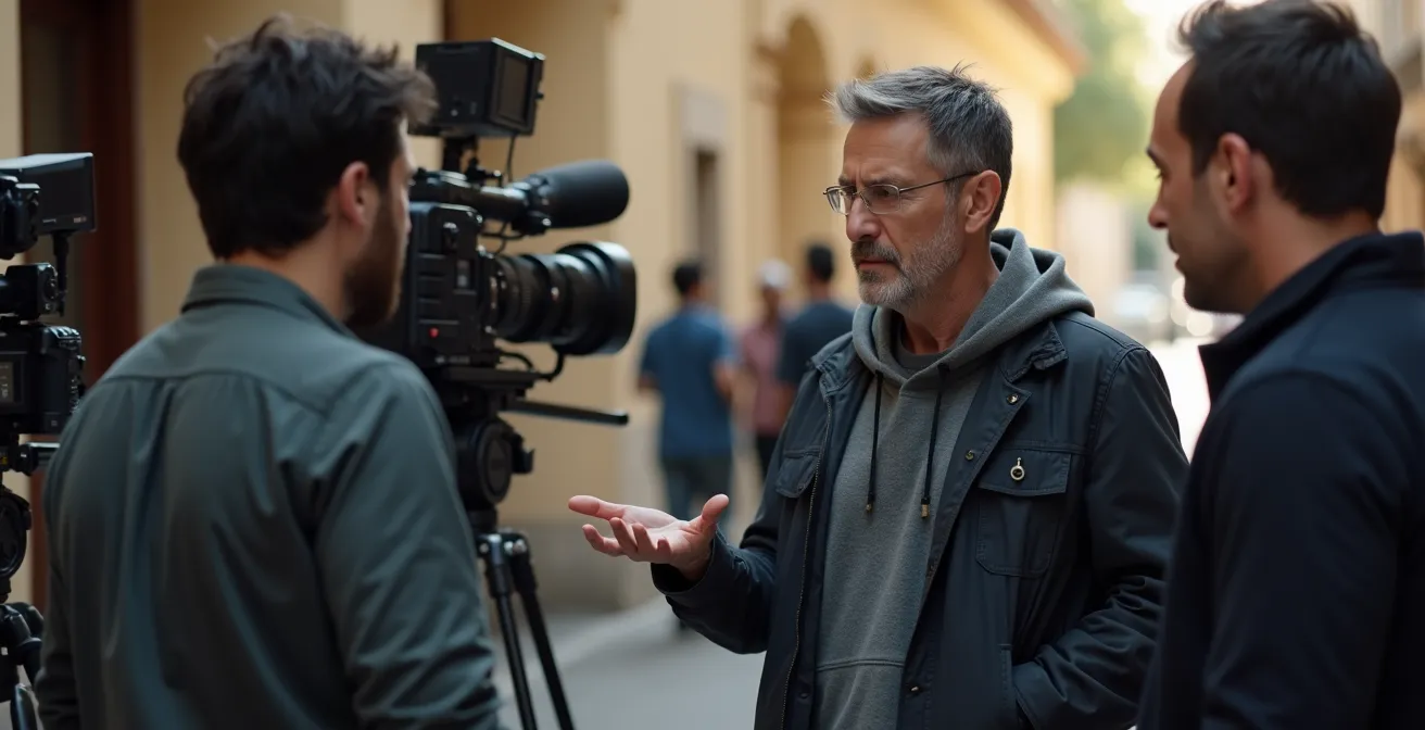 Director de fotografía dirigiendo equipo técnico en set de rodaje