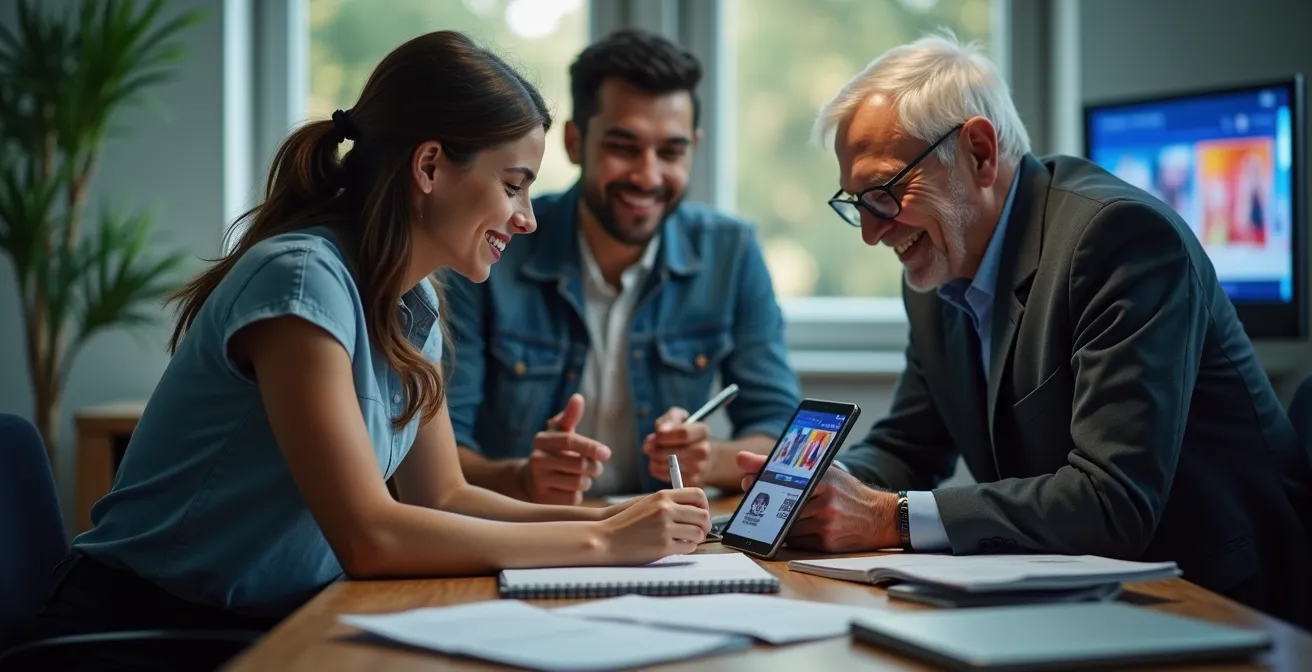Periodista joven enseñando herramientas digitales a redactor veterano en redacción moderna