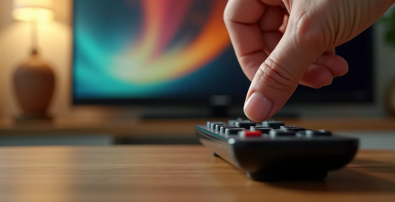 Primer plano de mando a distancia con mano suspendida sobre botones mientras televisor muestra transición dramática