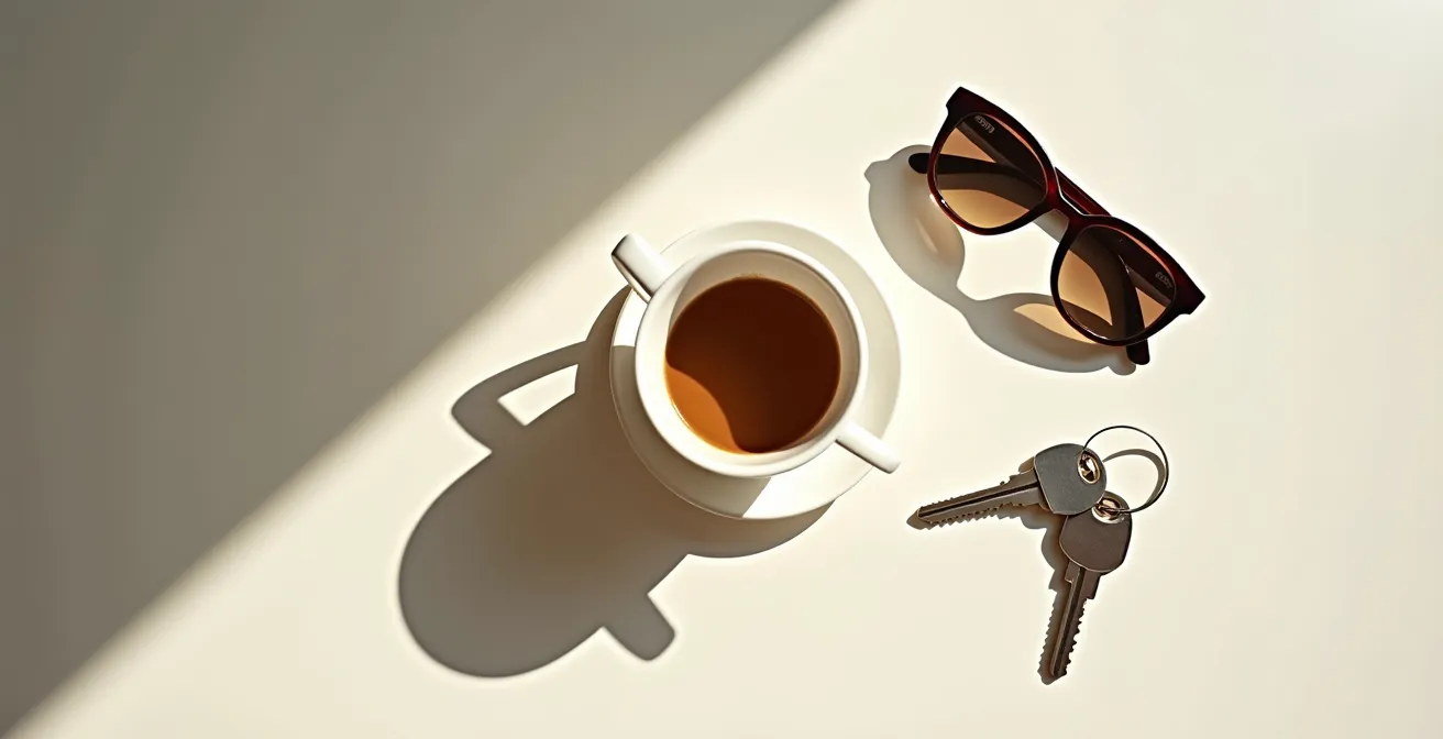 Composición simétrica de objetos cotidianos españoles que sugieren una narrativa sin palabras