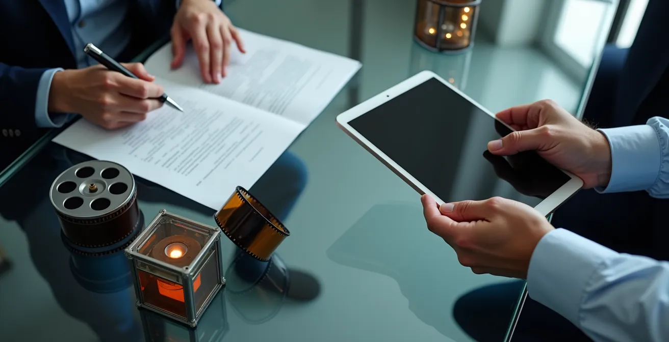 Mesa de negociación con documentos de contratos y dispositivos digitales que simbolizan la cesión de propiedad intelectual a plataformas.