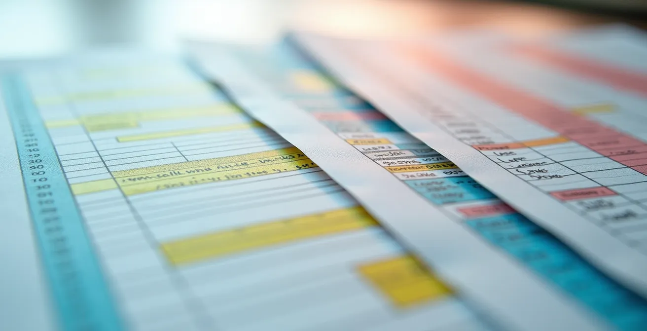 Primer plano de documentos de producción y orden de rodaje sobre mesa con marcadores de colores