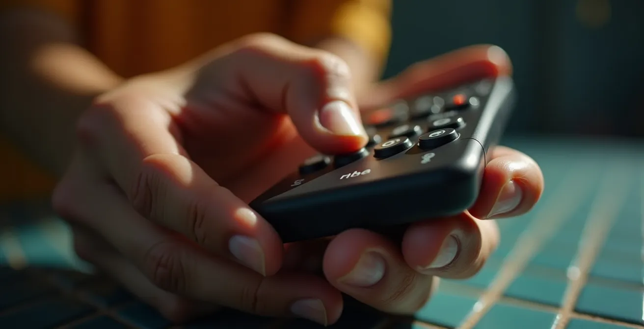 Manos sosteniendo un mando a distancia con sombras múltiples que sugieren indecisión y parálisis por elección.