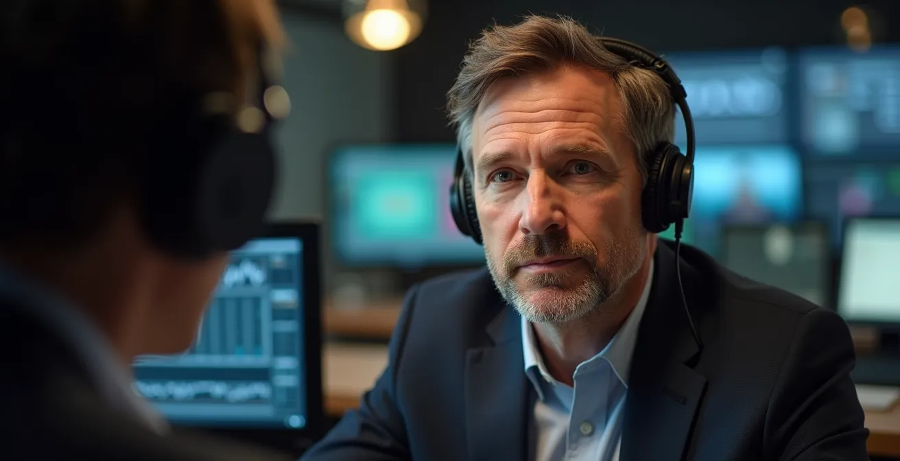 Periodista radiofónico profesional en plena entrevista con pantalla de datos al fondo