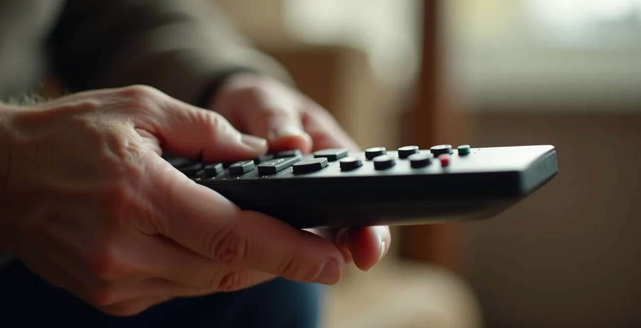 Manos de persona mayor sosteniendo mando a distancia de televisión con botones grandes