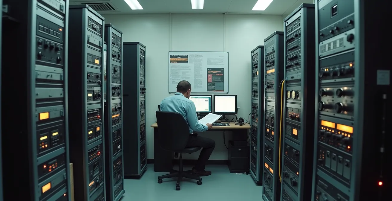 Sala de control de emisora municipal con equipos de medición y monitorización