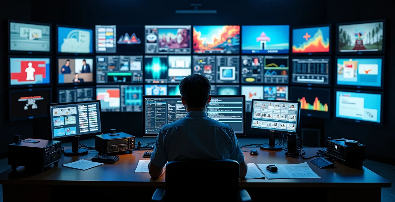 Sala de control de televisión con múltiples pantallas mostrando programación