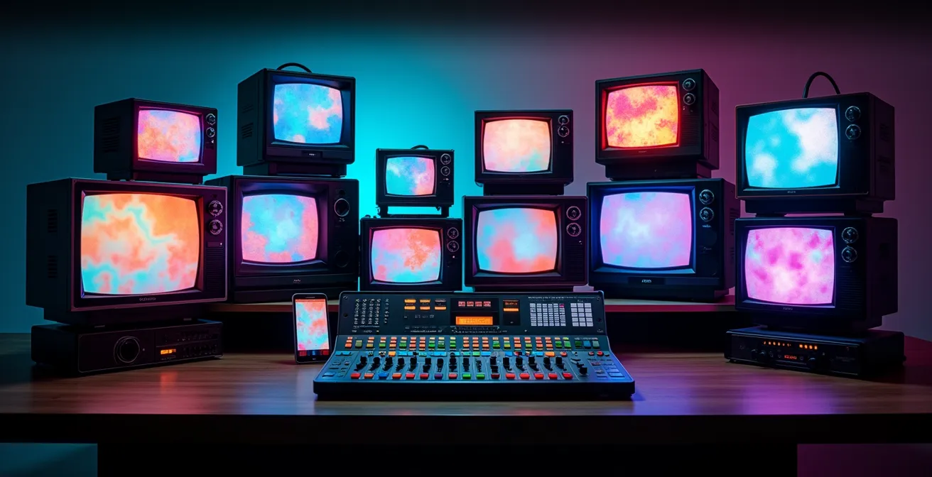 Vista de sala de emisión con pantallas mostrando diferentes plataformas de distribución