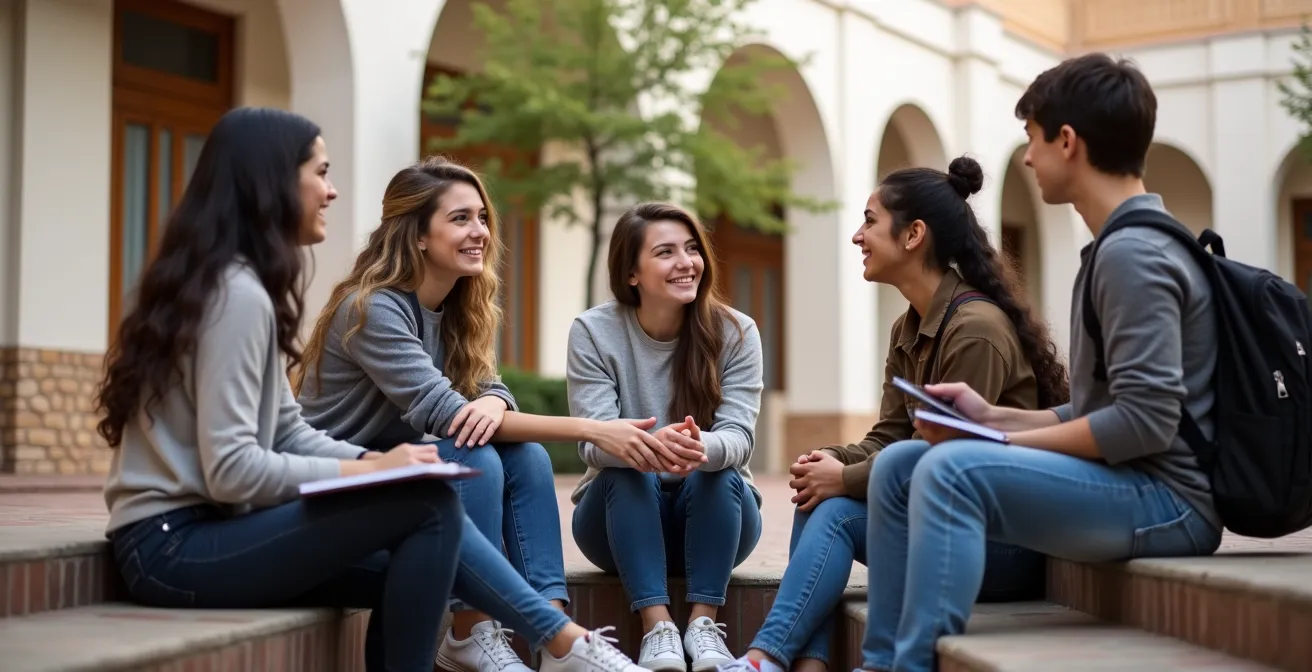 Jóvenes estudiantes españoles en un patio escolar compartiendo momentos de conexión y apoyo mutuo