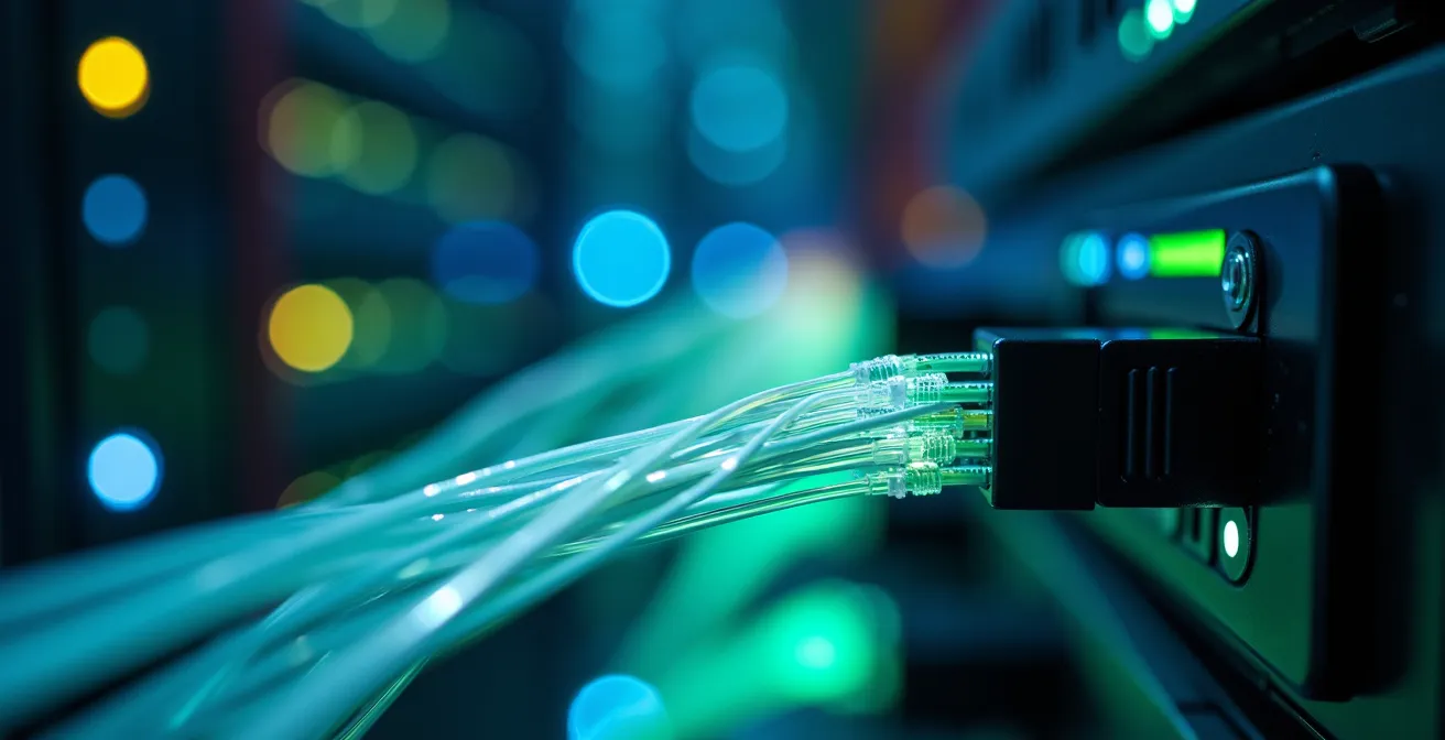 Vista macro de cables de fibra óptica y luces LED de servidor tecnológico