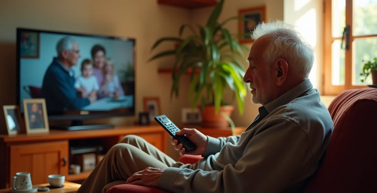 Persona mayor viendo televisión en salón español tradicional con luz cálida del atardecer
