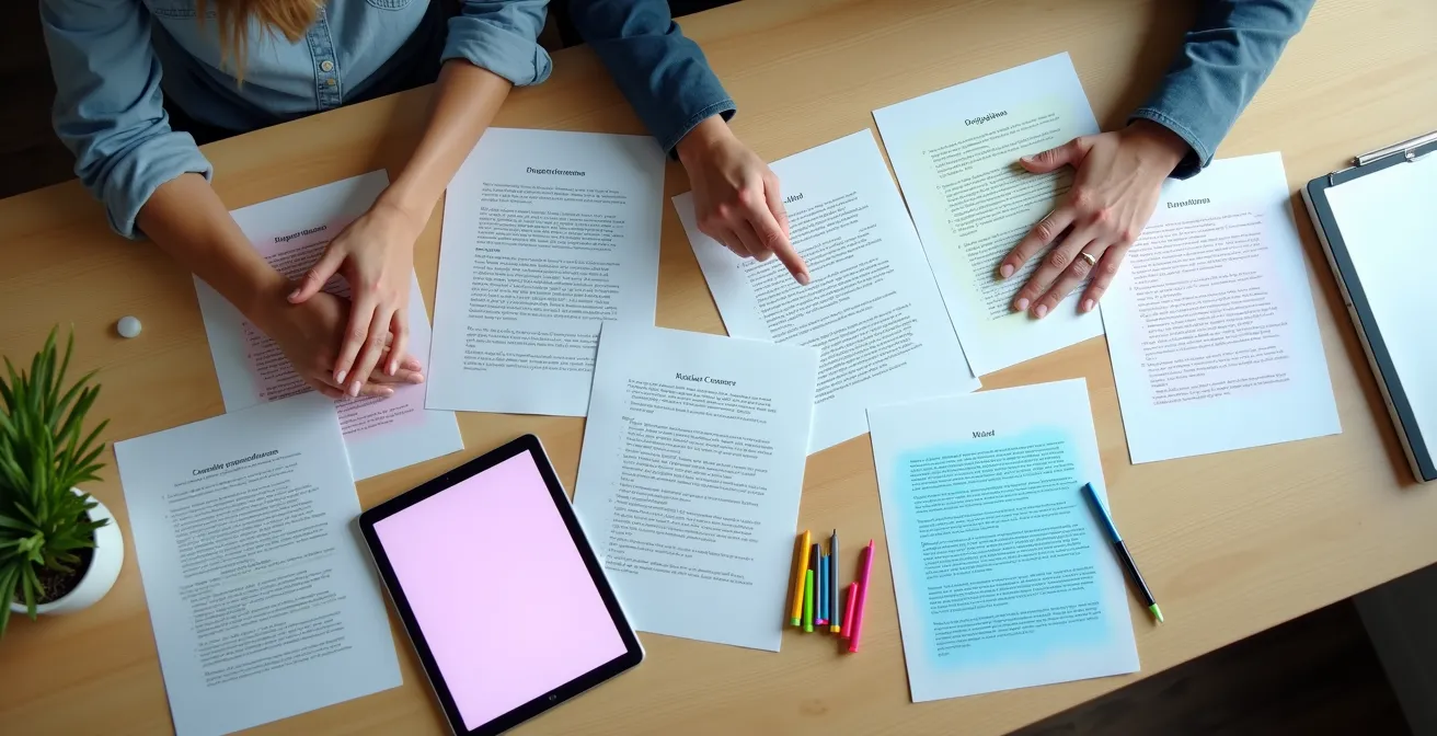 Mesa de producción con guiones técnicos organizados por sistema de colores y tablets digitales