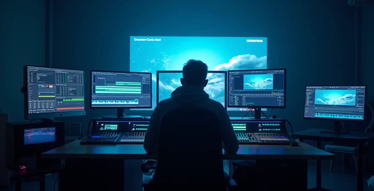 Sala de edición de reality show con múltiples pantallas mostrando diferentes ángulos